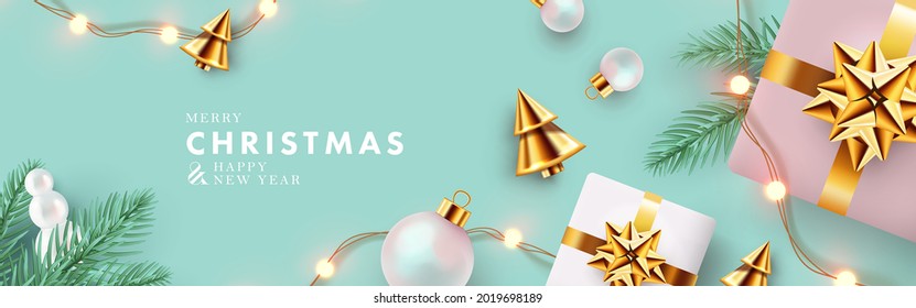 Christmas banner. Xmas background design with realistic gift boxes, golden conical Christmas trees, bauble balls, garland lights. Horizontal christmas poster, greeting card, header for website