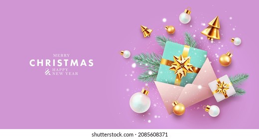 Christmas banner. Xmas background design with realistic gift boxes, golden conical Christmas trees, balls, spruce branches, falling snow. Horizontal christmas poster, greeting card, header for website