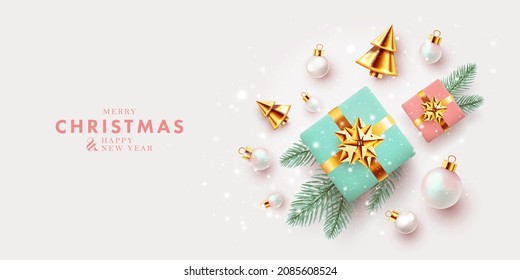 Christmas banner. Xmas background design with realistic gift boxes, golden conical Christmas trees, balls, spruce branches, falling snow. Horizontal christmas poster, greeting card, header for website