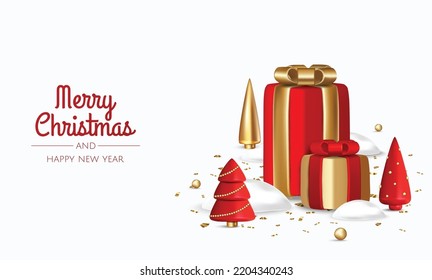 Christmas banner. Xmas background design with realistic box, christmas tree and golden confetti glitter. Greeting Cards.