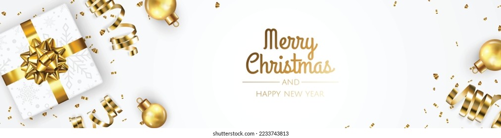Christmas banner. Xmas background design with realistic christmas balls and snowflake.