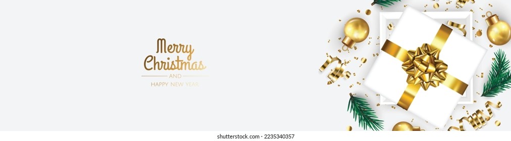 Christmas banner. Xmas background design with realistic christmas ball and golden confetti glitter.