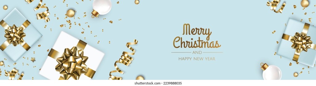 Christmas banner. Xmas background design with realistic christmas ball and golden confetti glitter.