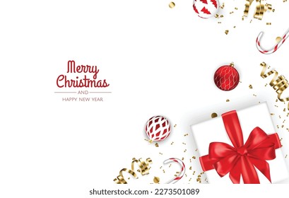 Christmas banner. Xmas background design with realistic gift box, snowflake and golden confetti glitter. Horizontal Christmas poster, greeting cards, headers, website