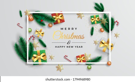 Christmas banner. Xmas Background object seen from above. Gifts, lights, Christmas tree, candy and gold snowflakes. Merry Christmas and New Year text.