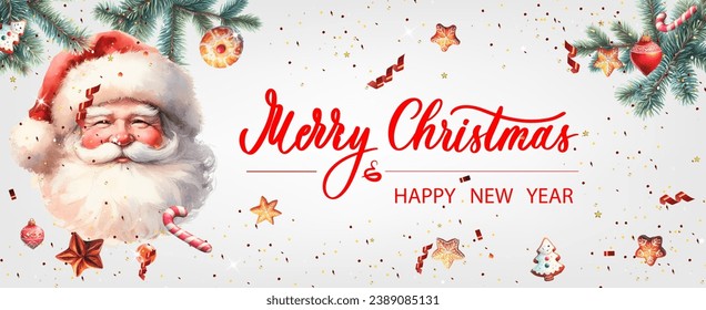 Christmas banner. Xmas background objects viewed from above. Calligraphy text Merry Christmas and Happy New Year.