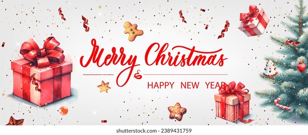 Christmas banner. Xmas background objects viewed from above. Calligraphy text Merry Christmas and Happy New Year.