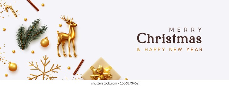 Christmas banner. Xmas Background with realistic objects, Gold Metal Deer, spruce branches, gift boxes. New Year's traditional decorations, viewed from above. Horizontal poster, header, website.