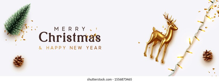 Christmas banner. Xmas Background with realistic objects, Gold Metal Deer, decorative green pine, bright light garland. New Year's traditional decorations. Horizontal poster, header, website.