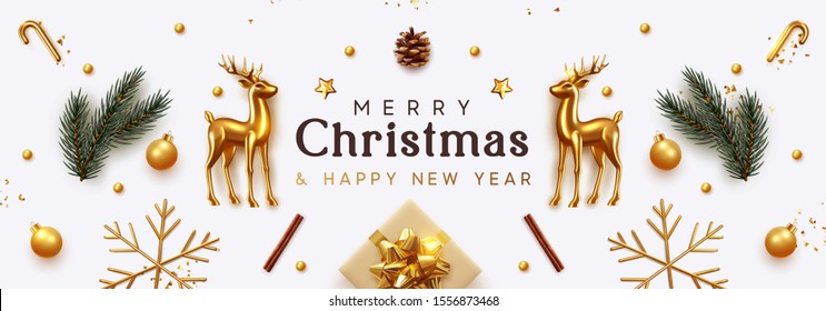 Christmas banner. Xmas Background with realistic objects, Gold Metal Deer, spruce branches, gift boxes. New Year's traditional decorations, viewed from above. Horizontal poster, header, website.