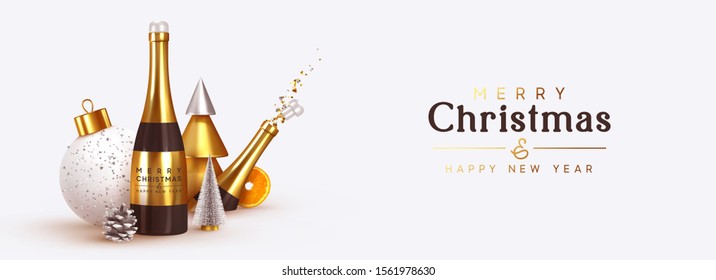 Christmas banner. Xmas Background realistic design objects, explosion cork from bottle champagne wine, 3d  metal conical golden tree, Horizontal border poster, header for website, greeting card.