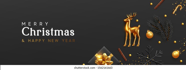 Christmas banner. Xmas Background with realistic objects, Gold Metal Deer, spruce branches, gift boxes. New Year's traditional decorations, viewed from above. Horizontal poster, header, website.