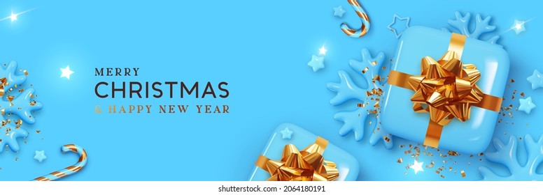 Christmas banner. Xmas Background with realistic design gifts box, golden 3d render snowflake and glitter gold confetti, Bright stars. Horizontal Christmas poster, greeting card, headers for website