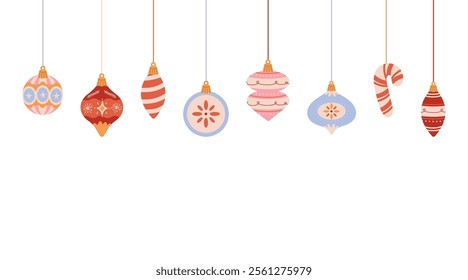 Christmas banner with Xmas balls. Christmas tree decor banner on white background. Holiday decoration template. Christmas season background with hand drawn tree decor