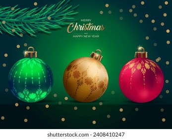 Christmas banner. Xmas design with green background and glass red balls. Decorative Merry Christmas banner design with glass balls. Festive Merry Christmas and Happy New Year composition. Design Xmas 