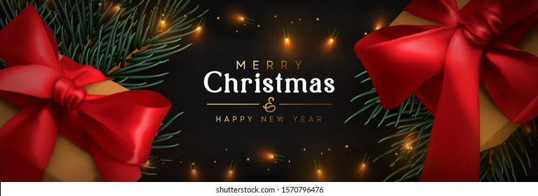 Christmas banner. Xmas design Realistic brown gift boxes with red bow. green pine branches, bright light gold garland. Horizontal holiday poster, header for website. Happy New Year Gift card.