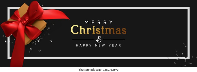 Christmas banner. Xmas design Realistic brown gift boxes with red bow. white border frame, silver confetti. Horizontal holiday poster, header for website. Happy New Year Gift card. vector illustration