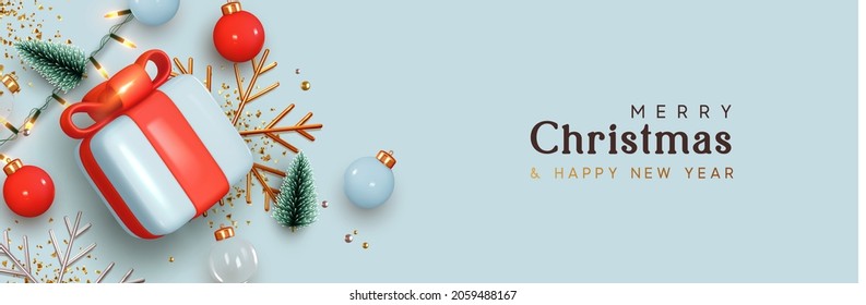 Christmas banner. Xmas design of realistic blue gifts box of red bow, golden 3d render snowflake and glitter gold confetti, bauble ball. Horizontal christmas poster, greeting card, headers for website