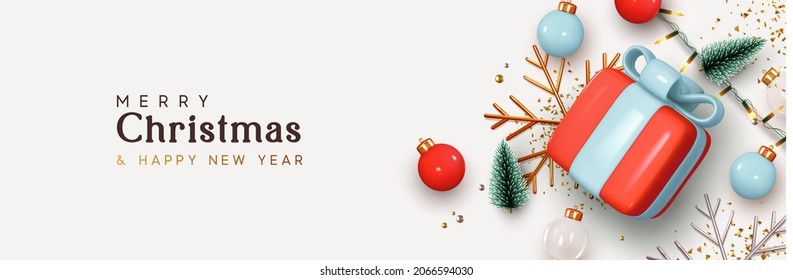 Christmas banner. Xmas design of realistic red gifts box of blue bow, golden 3d render snowflake and glitter gold confetti, bauble ball. Horizontal New year poster, greeting card, headers for website