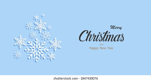 Christmas banner. Xmas Greeting Card. Christmas Poster. Snowflakes with shadow on blue background. Happy New Year. Vector illustration