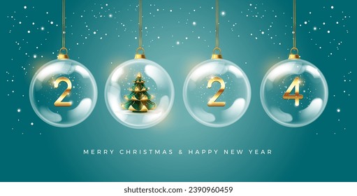 Christmas banner. Xmas Horizontal background with Golden 2024 numbers and Christmas tree in glass balls hang on ribbon. Christmas poster, greeting cards, header or profile cover