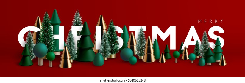 Christmas banner. Xmas Horizontal composition made of green and gold wooden and glass Christmas trees. Christmas poster, greeting cards, header or profile cover.