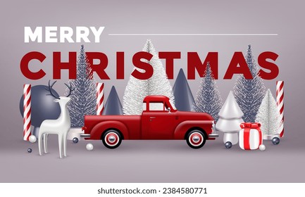 Christmas banner. Xmas Horizontal composition made of red, white and grey wooden and glass Christmas trees, red toy truck and traditional Deer toy. Christmas poster, greeting cards, header or profile 