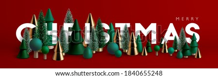 Christmas banner. Xmas Horizontal composition made of green and gold wooden and glass Christmas trees. Christmas poster, greeting cards, header or profile cover.