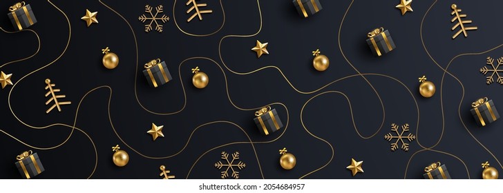 Christmas banner. Xmas object background viewed from above with golden lines. Dark background. 