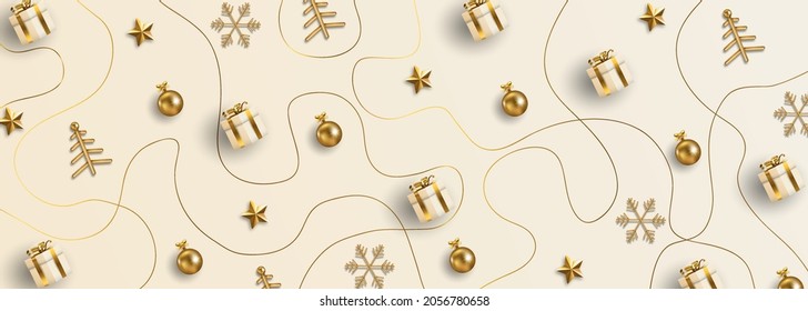 Christmas banner. Xmas object background viewed from above with golden lines. White background. 