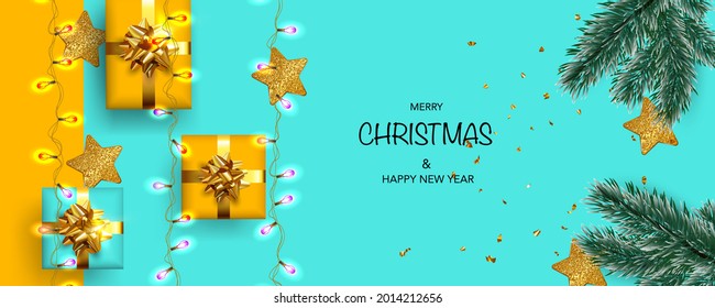 Christmas banner, Xmas posters, cards, headers, website. Sparkling lights garland with gifts box. Chic Christmas Greeting Card. 