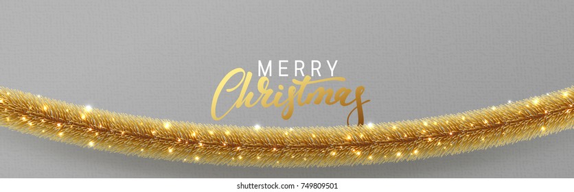 Christmas banner, Xmas sparkling golden garland tinsel. Vector posters, cards, headers website.
