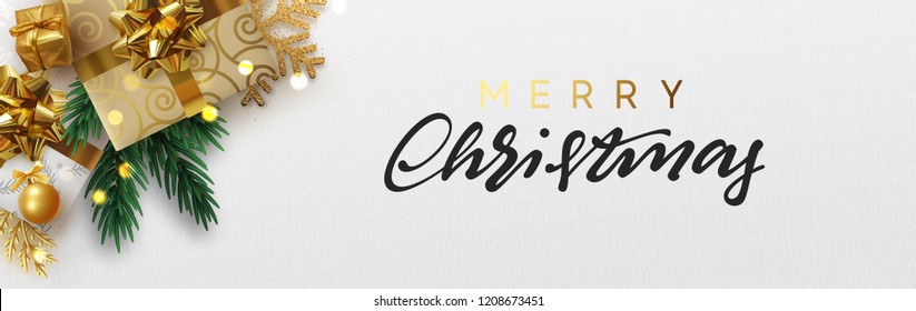 Christmas banner, Xmas sparkling lights garland with gift box and golden tinsel. Horizontal christmas posters, cards, headers, website.