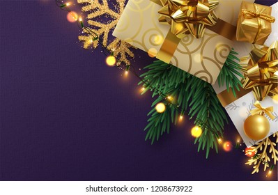 Christmas banner, Xmas sparkling lights garland with gifts box and golden tinsel. Vector posters, greeting cards, headers, website.