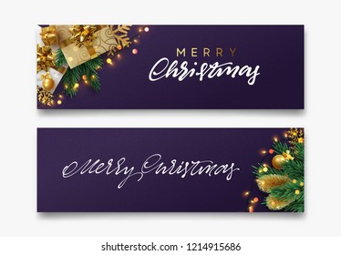 Christmas banner, Xmas sparkling lights garland with gifts box and golden tinsel. Horizontal christmas posters, cards, headers, website.