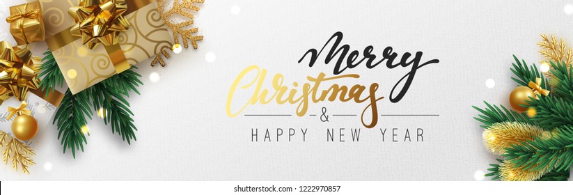 Christmas banner, Xmas sparkling lights garland with gifts box and golden tinsel. Horizontal christmas posters, greeting cards, headers, website.