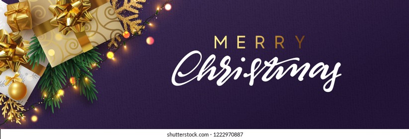 Christmas banner, Xmas sparkling lights garland with gifts box and golden tinsel. Lilac New Year background with realistic holiday objects. Horizontal christmas posters, cards, headers, website