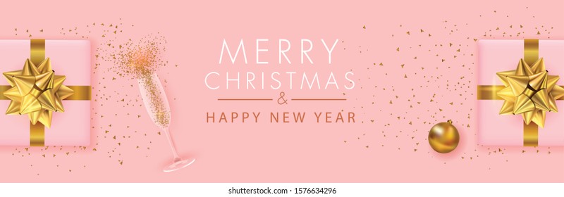 Christmas banner, Xmas sparkling lights garland with gifts box and golden tinsel. Horizontal christmas posters, cards, headers, website.