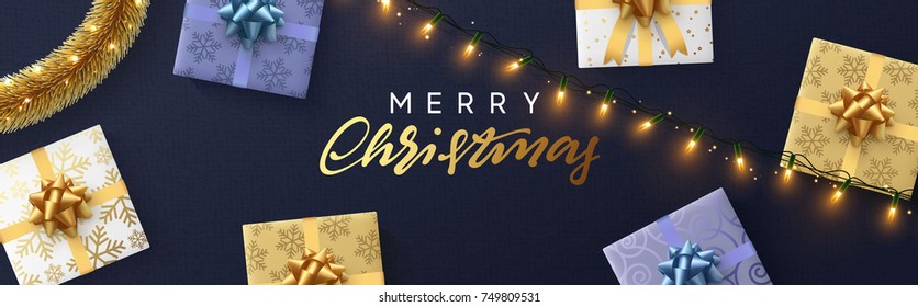Christmas banner, Xmas sparkling lights garland with gifts and golden tinsel. Christmas posters, cards, headers website.