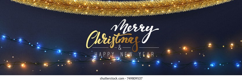 Christmas banner, Xmas sparkling lights garland and golden tinsel. Christmas posters, cards, headers website.