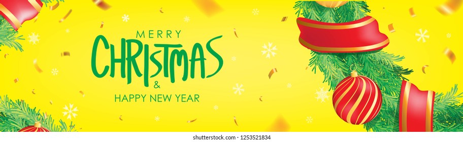 Christmas banner. Yellow Christmas background with christmas balls,  snowflakes and gold confetti.  