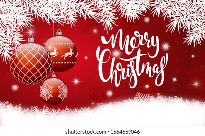 Christmas banner.Christmas background red with white spruce branches Christmas balls and Happy Christmas lettering. Horizontal poster. Vector illustration.