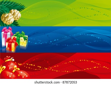 Christmas banners -1. Vector set of christmas banners with gift boxes, bags and fir cones and branches