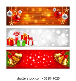 Christmas banners with balls gift boxes and bells realistic vector