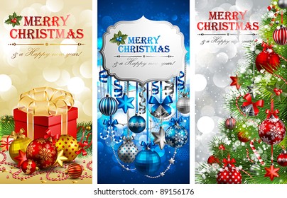Christmas banners with baubles, fir tree, gift and place for text. Vector illustration.
