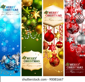 Christmas banners with baubles and place for text. Vector illustration.