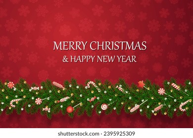 Christmas banners with decorated branches. With snow on a red background. Festive header design. Concept for holiday, winter holidays, New Year, Christmas