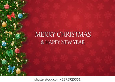 Christmas banners with decorated branches. With snow on a red background. Festive header design. Concept for holiday, winter holidays, New Year, Christmas