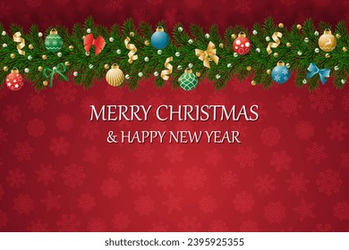 Christmas banners with decorated branches. With snow on a red background. Festive header design. Concept for holiday, winter holidays, New Year, Christmas