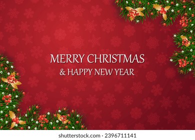 Christmas banners with decorated branches. With snow on a red background. Festive header design. Concept for holiday, winter holidays, New Year, Christmas